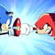 A cartoon of a blue hedgehog attacking a red echidna.